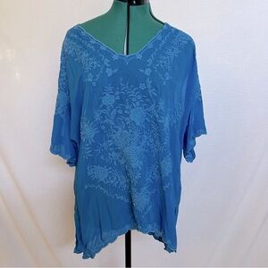 Johnny Was Blue Embroidered Cold Shoulder Loose Blouse